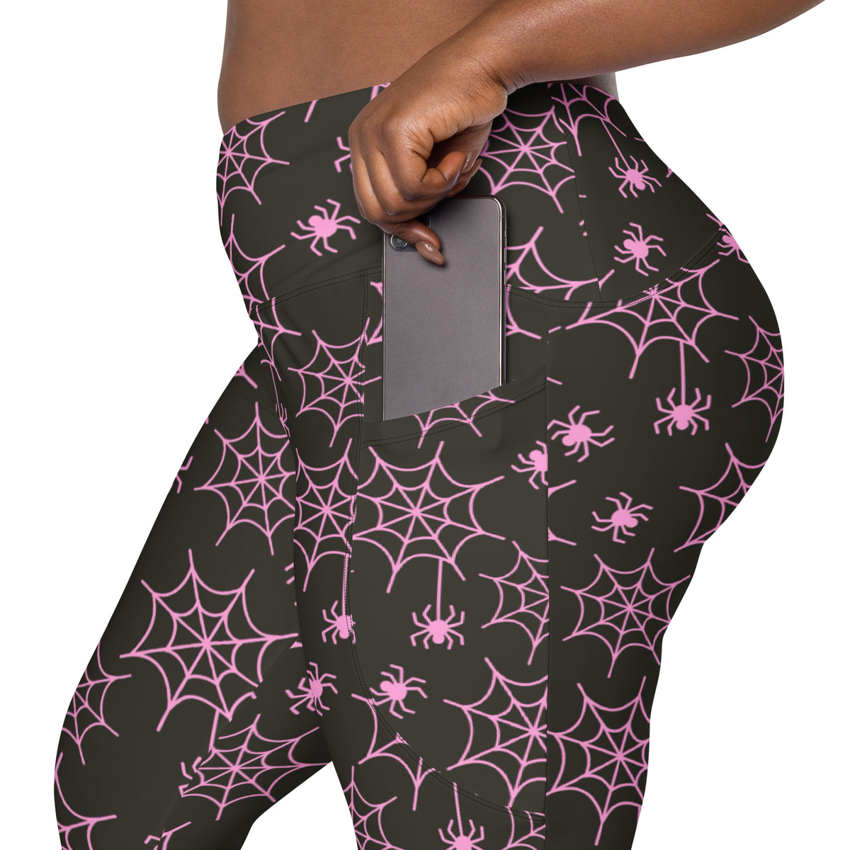 Women’s Pink Spider Web Halloween Yoga Leggings With Pockets – High-Waisted, Soft Compression Active Pants