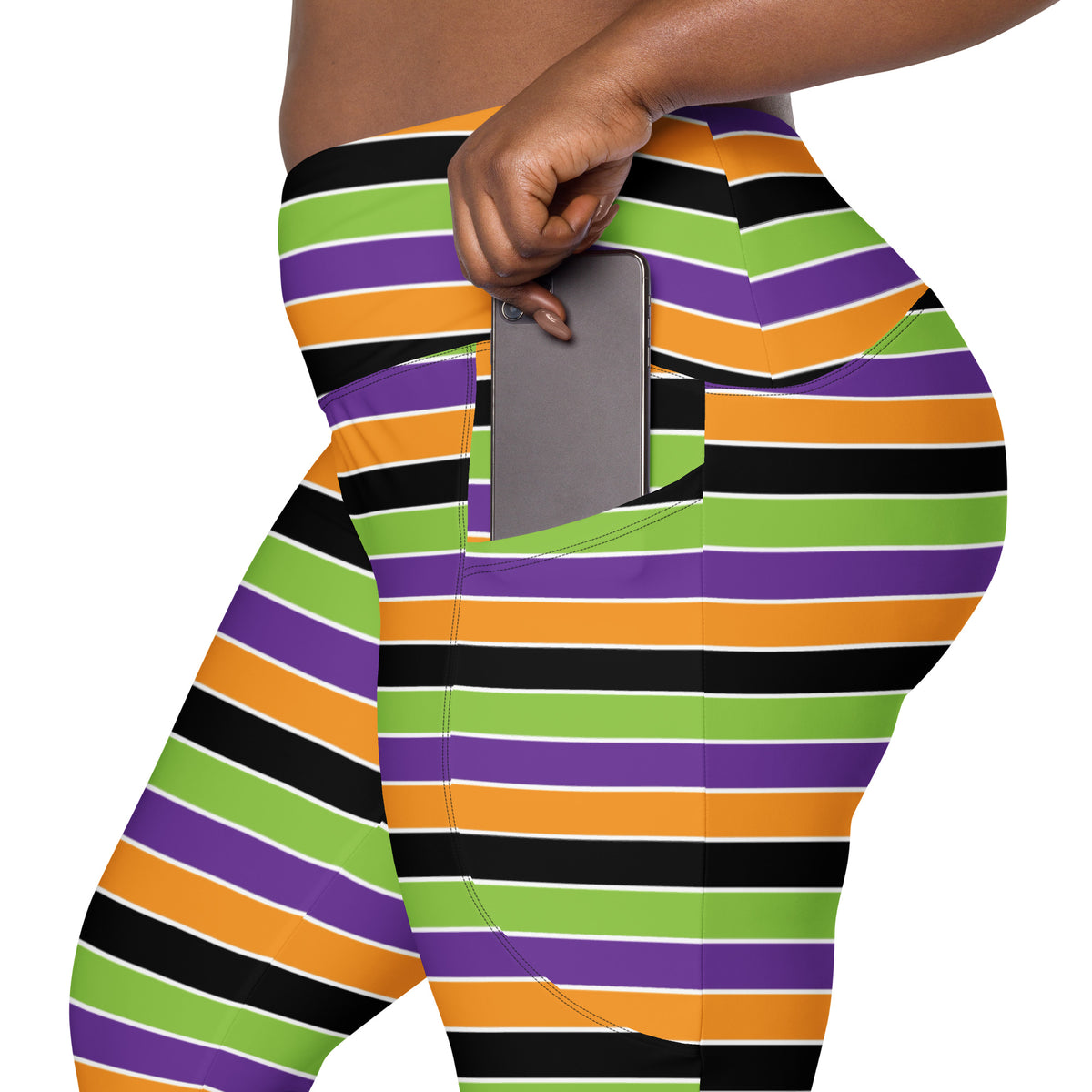 Women’s Colorful Halloween Striped Yoga Leggings With Pockets – High-Waisted, Soft Compression Active Pants