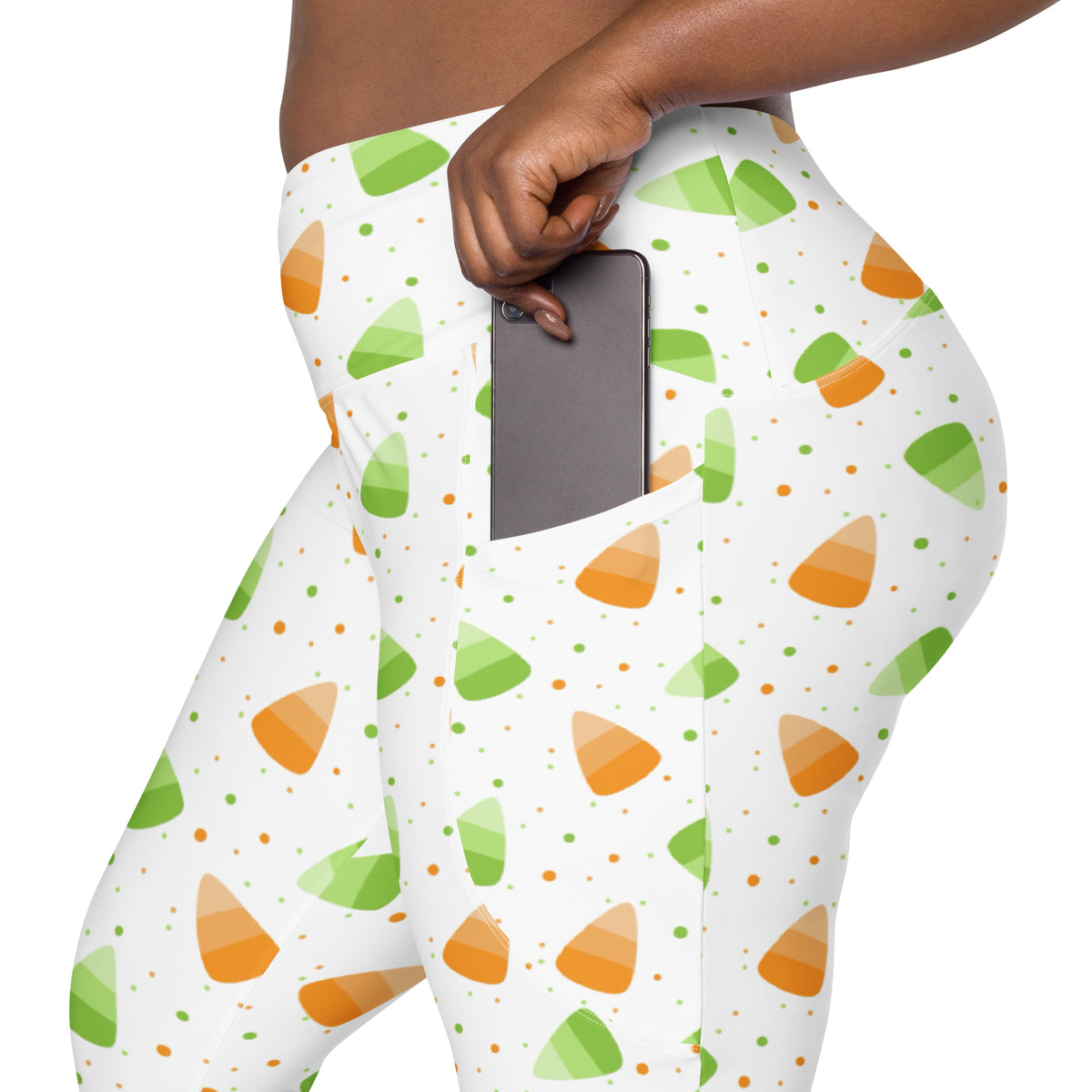 Women’s Orange & Green Candy Cane Halloween Yoga Leggings With Pockets – High-Waisted, Soft Compression Active Pants