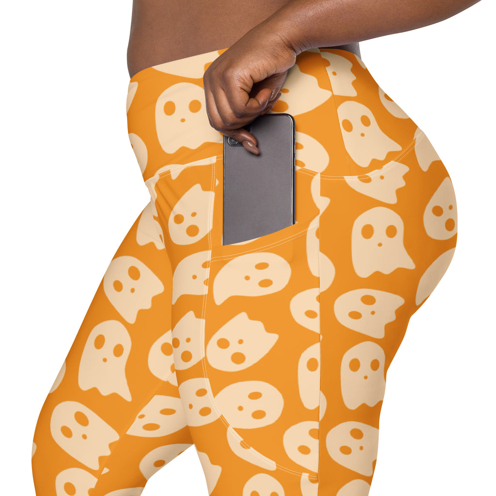 Women’s Orange Ghost Halloween Yoga Leggings With Pockets – High-Waisted, Soft Compression Active Pants