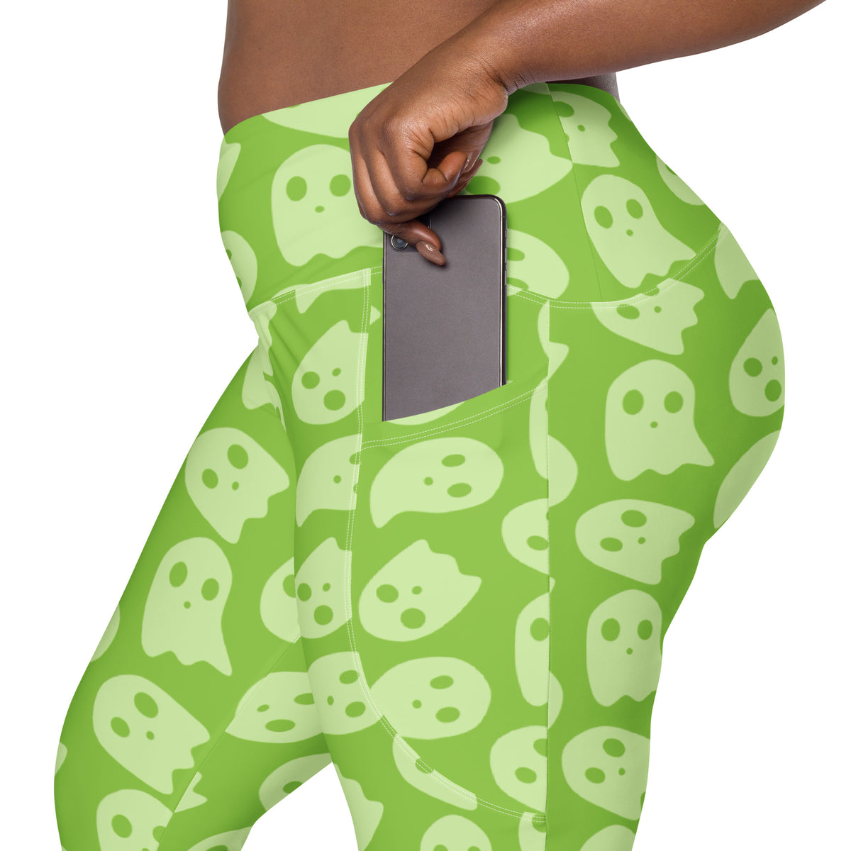 Women’s Green Ghost Halloween Yoga Leggings With Pockets – High-Waisted, Soft Compression Active Pants