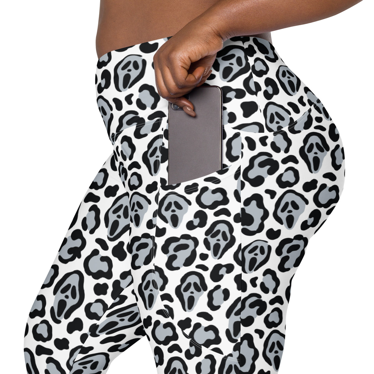 Women’s Ghost Face Leopard Yoga Leggings With Pockets – High-Waisted, Soft Compression Active Pants