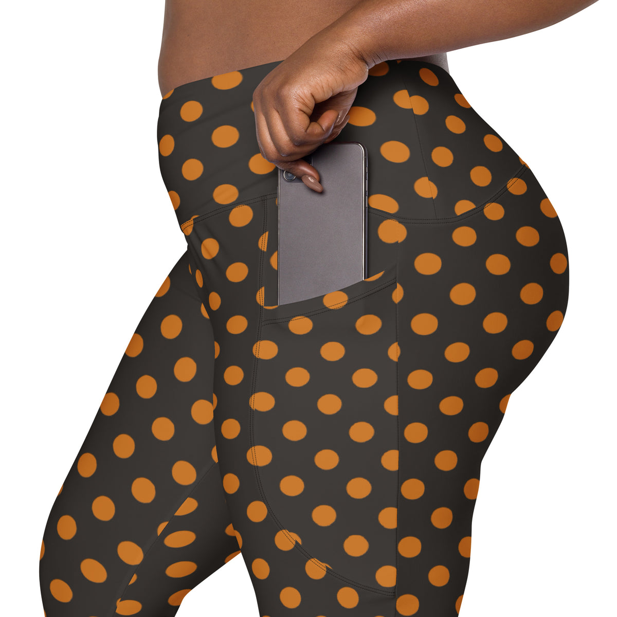 Women’s Dark Orange Polka Dot Halloween Yoga Leggings With Pockets – High-Waisted, Soft Compression Active Pants