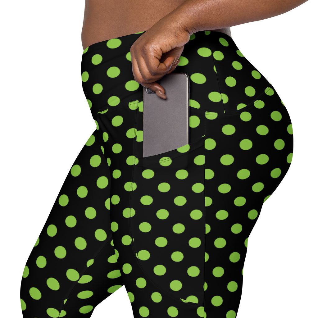 Women’s Green Polka Dot Halloween Yoga Leggings With Pockets – High-Waisted, Soft Compression Active Pants
