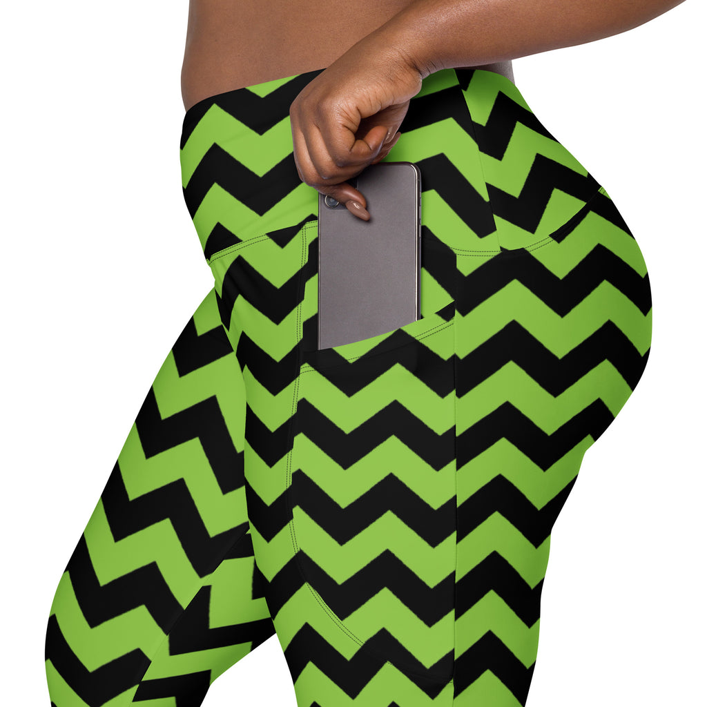Women’s Green Chevron Halloween Yoga Leggings With Pockets – High-Waisted, Soft Compression Active Pants