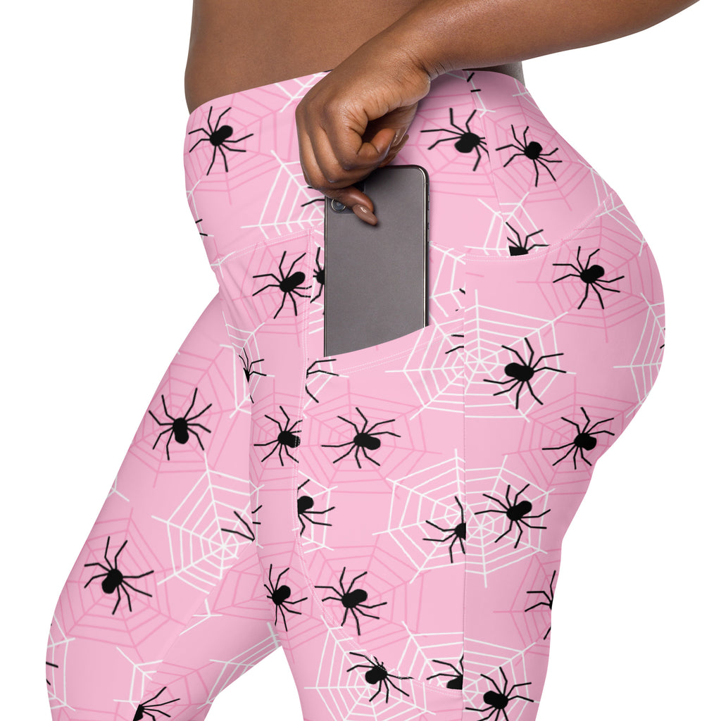 Women’s Pink Spider Web Halloween Yoga Leggings With Pockets – High-Waisted, Soft Compression Active Pants
