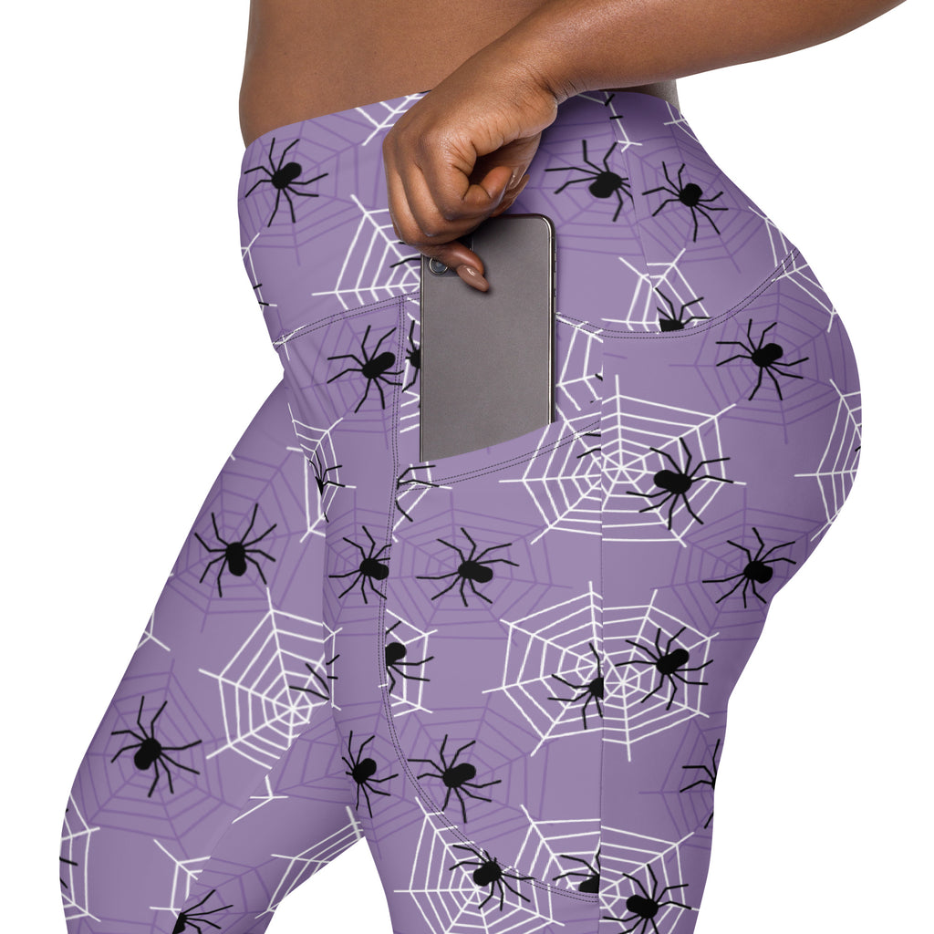 Women’s Dark Purple Spider Web Halloween Yoga Leggings With Pockets – High-Waisted, Soft Compression Active Pants