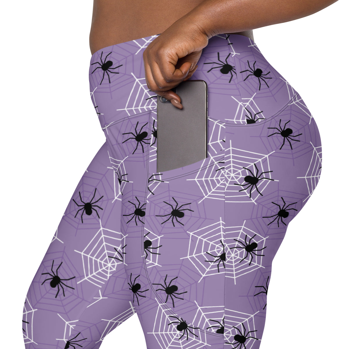 Women’s Dark Purple Spider Web Halloween Yoga Leggings With Pockets – High-Waisted, Soft Compression Active Pants