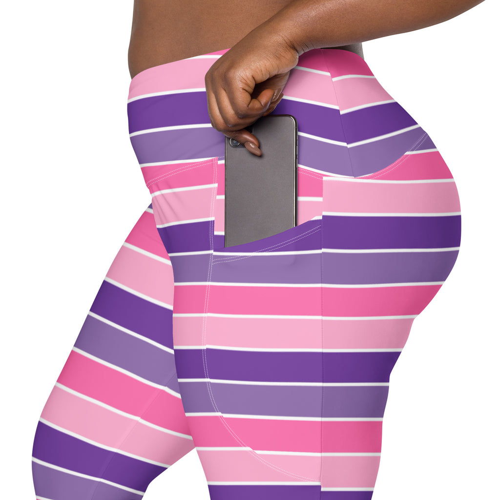 Women’s Pink & Purple Striped Yoga Leggings With Pockets – High-Waisted, Soft Compression Active Pants
