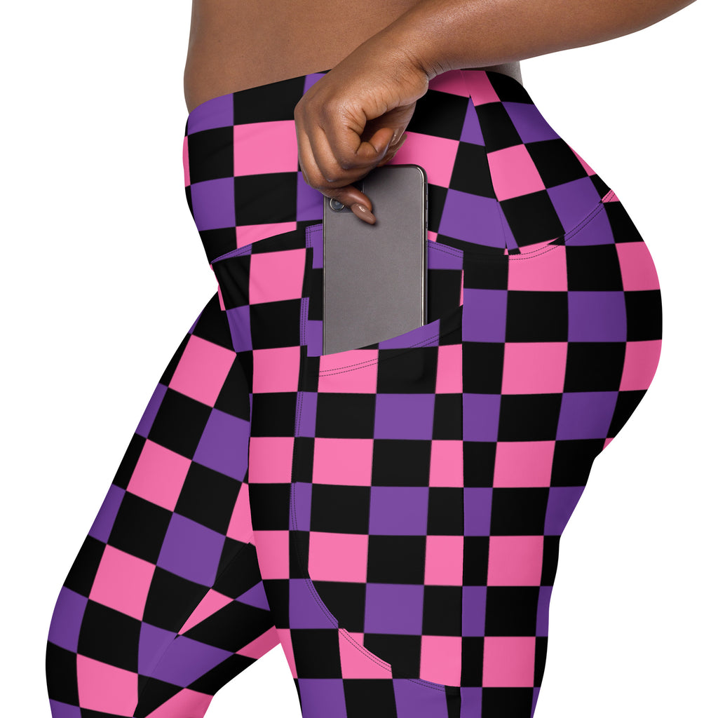 Women’s Pink & Purple Checkered Halloween Yoga Leggings With Pockets – High-Waisted, Soft Compression Active Pants