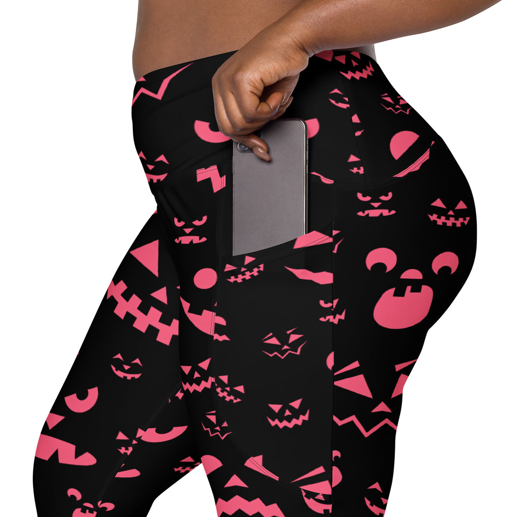 Women’s Pink Jack O’ Lantern Faces Halloween Yoga Leggings With Pockets – High-Waisted, Soft Compression Active Pants
