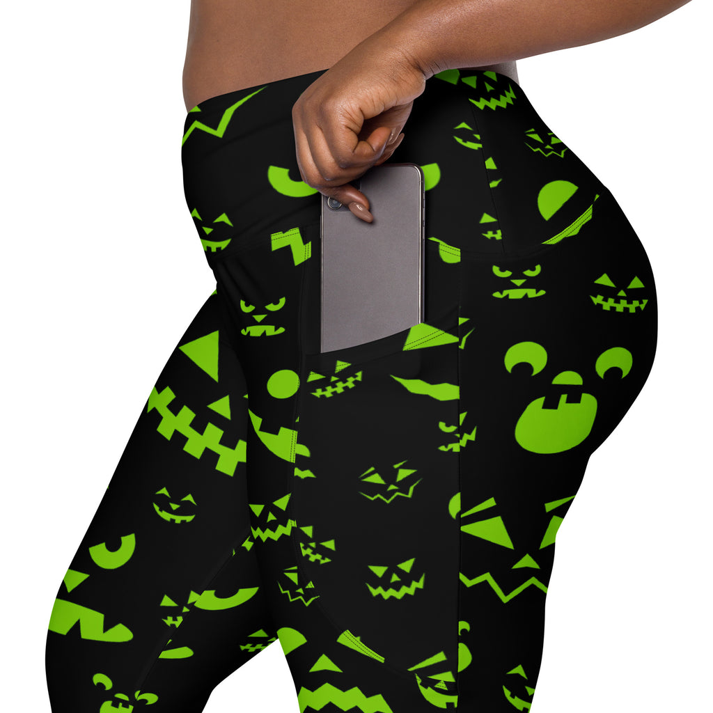 Women’s Green Jack O’ Lantern Faces Halloween Yoga Leggings With Pockets – High-Waisted, Soft Compression Active Pants