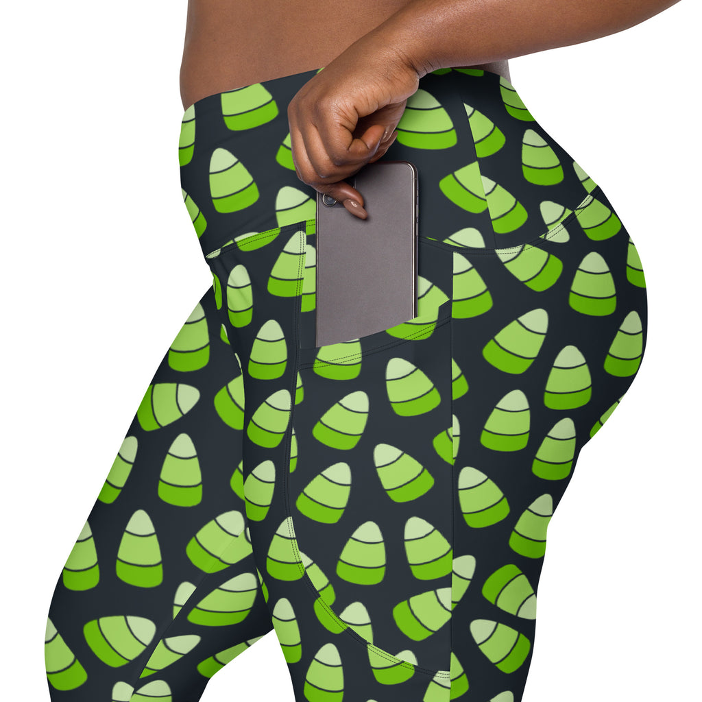 Women’s Green Candy Corn Halloween Yoga Leggings With Pockets – High-Waisted, Soft Compression Active Pants