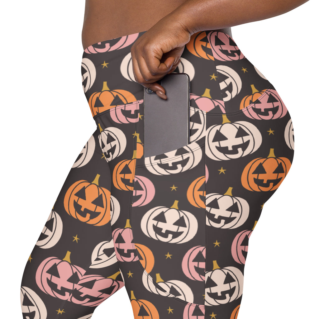 Women’s Jack-O’-Lantern Pumpkin Patch Halloween Yoga Leggings With Pockets – High-Waisted, Soft Compression Active Pants