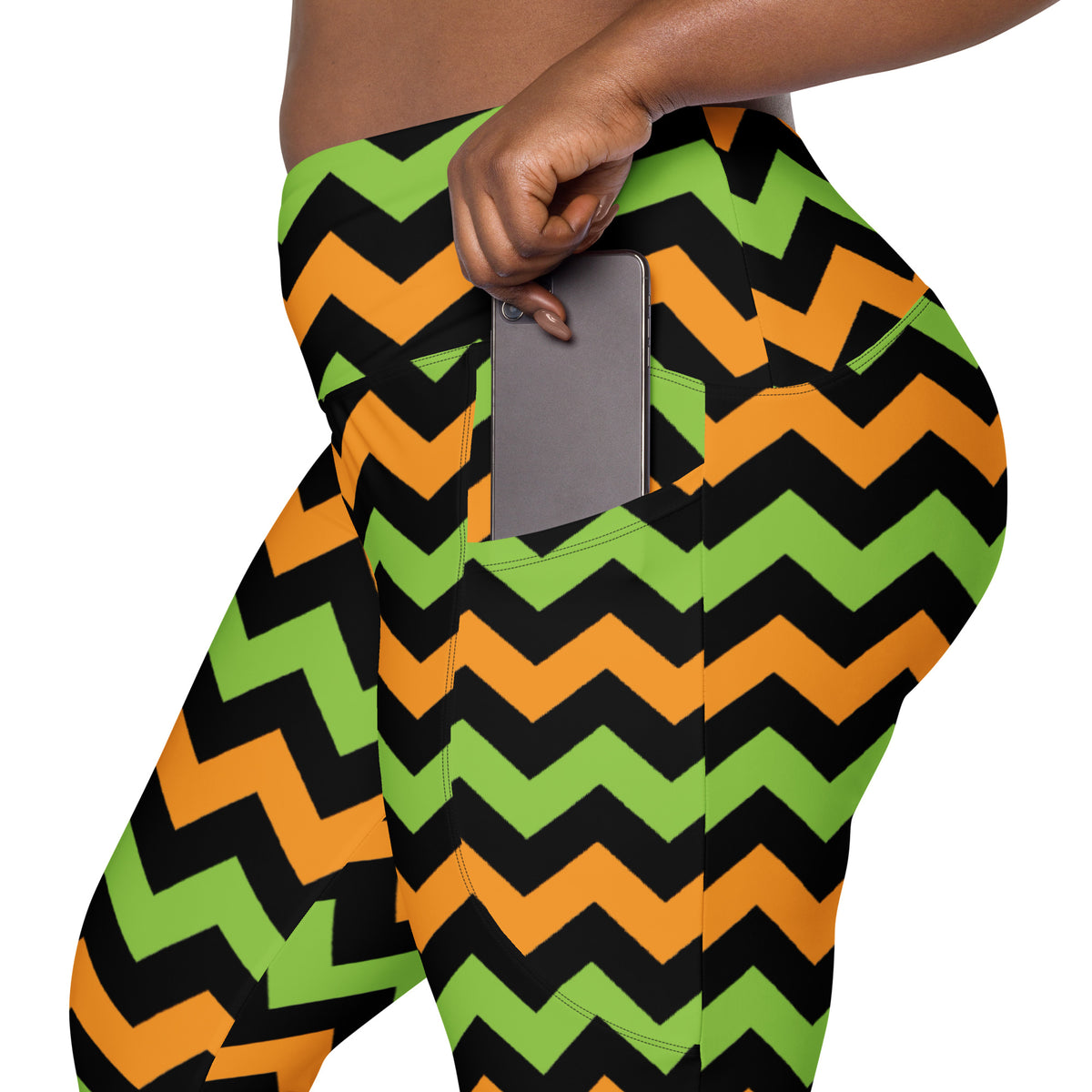 Women’s Orange & Green Chevron Halloween Yoga Leggings With Pockets – High-Waisted, Soft Compression Active Pants