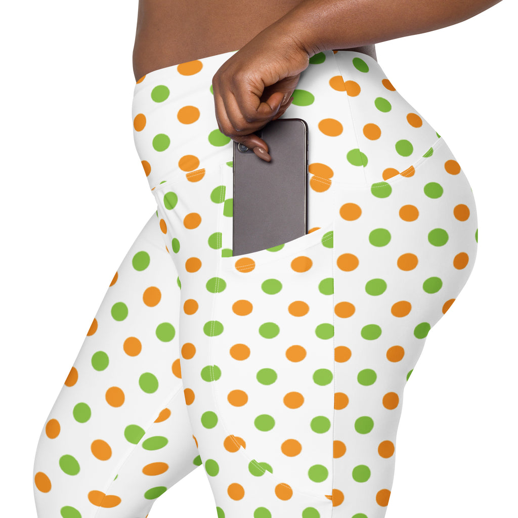 Women’s Orange & Green Polka Dot Halloween Yoga Leggings With Pockets – High-Waisted, Soft Compression Active Pants