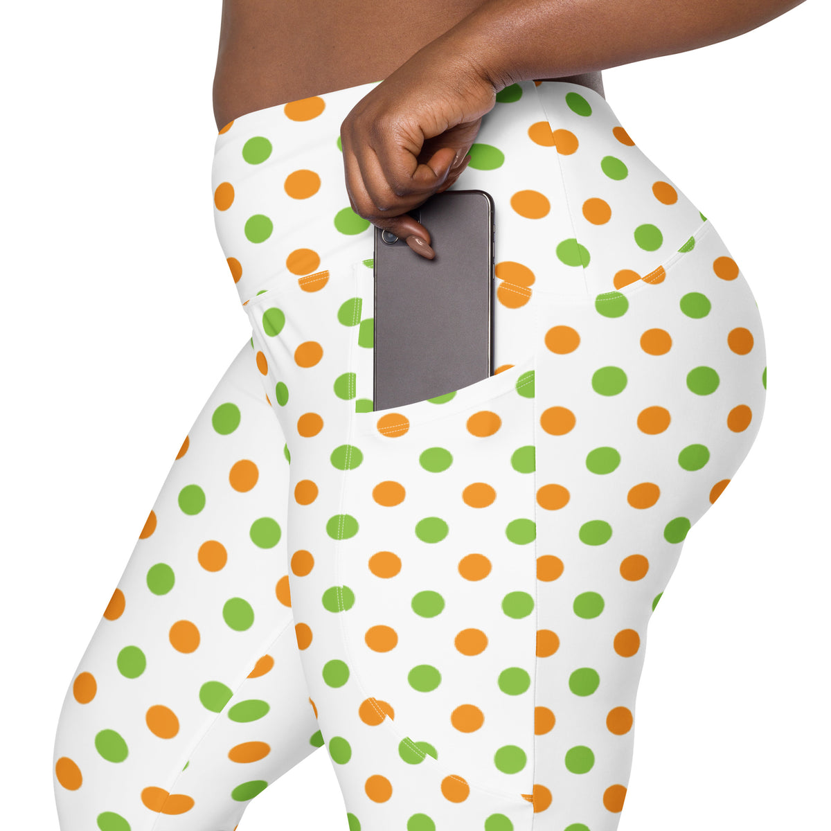 Women’s Orange & Green Polka Dot Halloween Yoga Leggings With Pockets – High-Waisted, Soft Compression Active Pants
