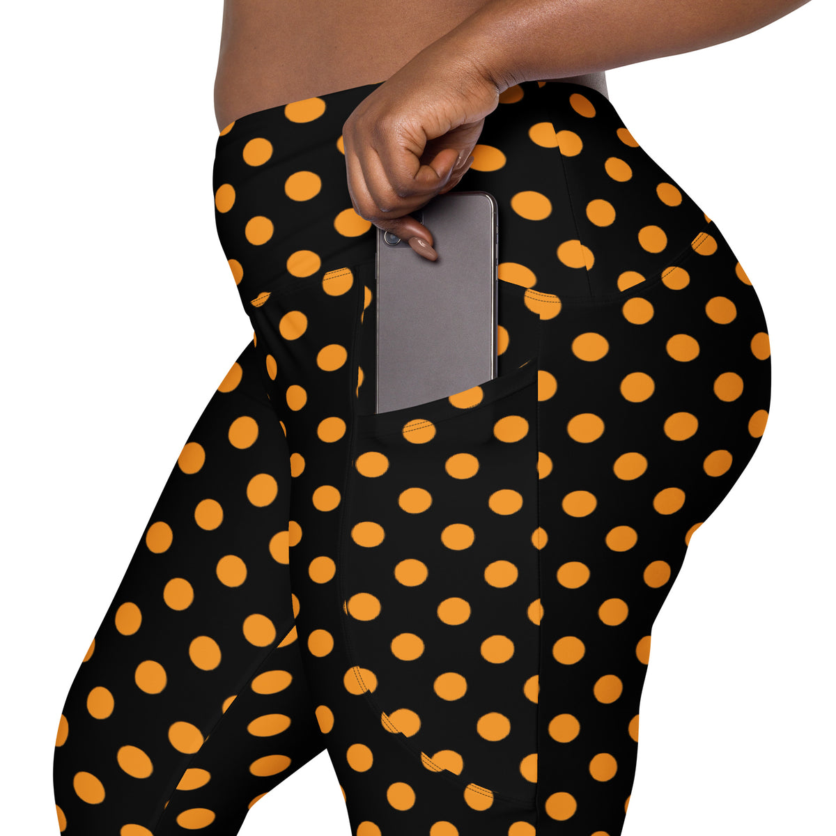 Women’s Orange Polka Dot Halloween Yoga Leggings With Pockets – High-Waisted, Soft Compression Active Pants