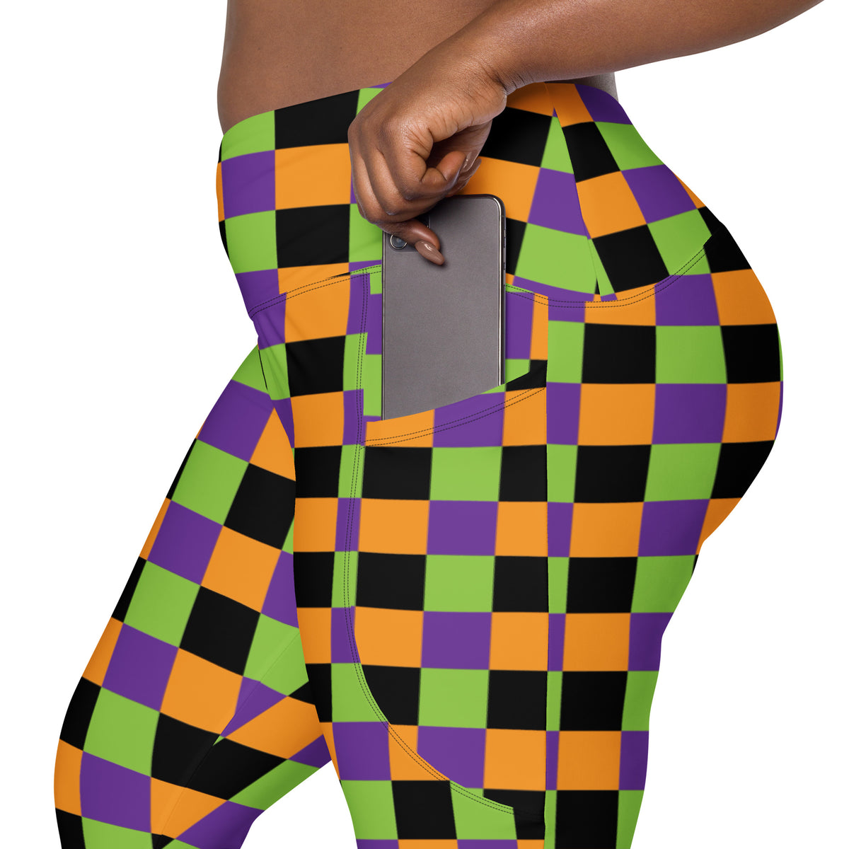 Women’s Colorful Checkered Halloween Yoga Leggings With Pockets – High-Waisted, Soft Compression Active Pants