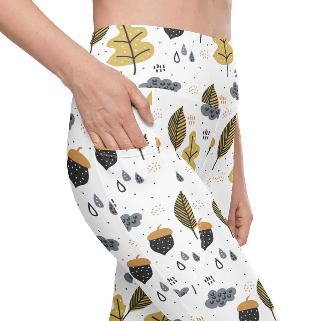 Women’s Fall Leaves & Acorn Yoga Leggings With Pockets – High-Waisted, Soft Compression Active Pants