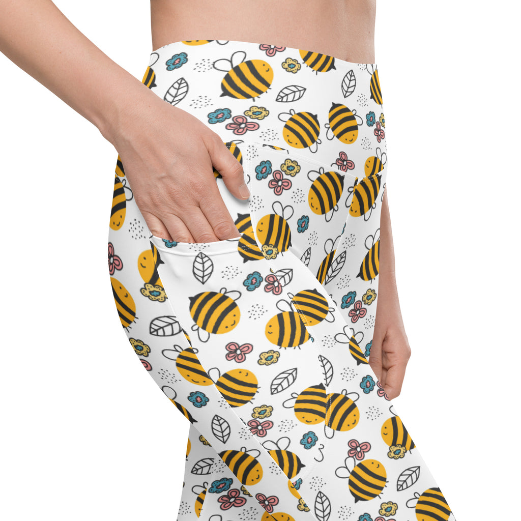 Women’s Happy Yellow Bees Yoga Leggings With Pockets – High-Waisted, Soft Compression Active Pants