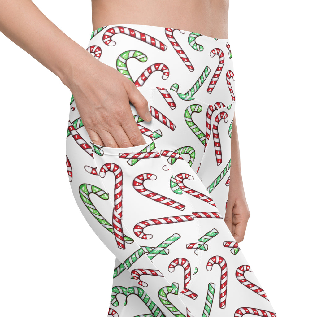 Women’s Red & Green Candy Cane Christmas Yoga Leggings With Pockets – High-Waisted, Soft Compression Active Pants