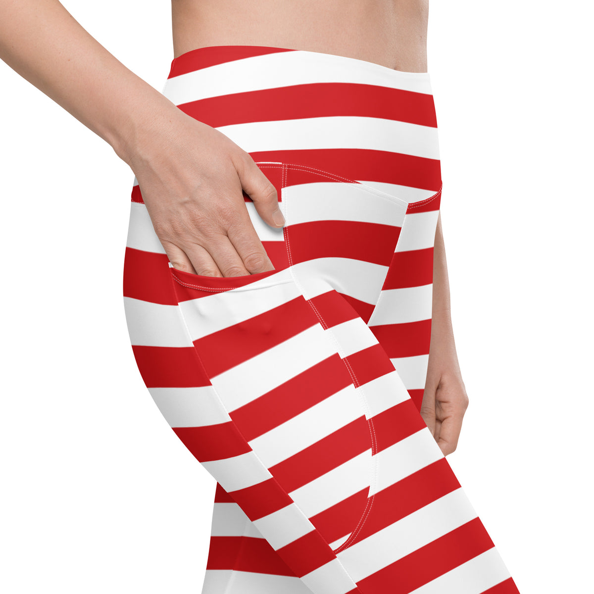 Women’s Striped Red Christmas Yoga Leggings With Pockets – High-Waisted, Soft Compression Active Pants