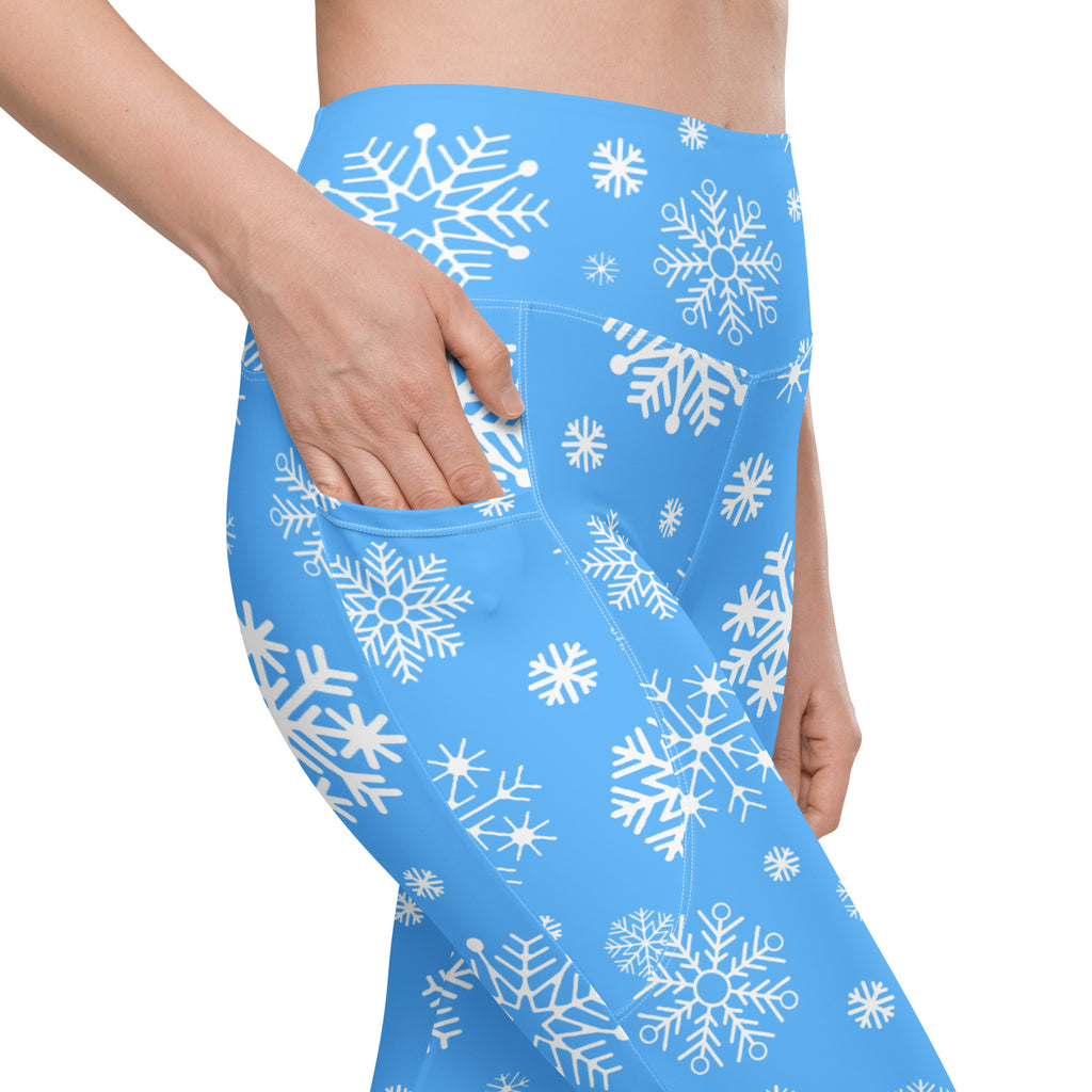 Women’s Blue Snowflake Christmas Yoga Leggings With Pockets – High-Waisted, Soft Compression Active Pants