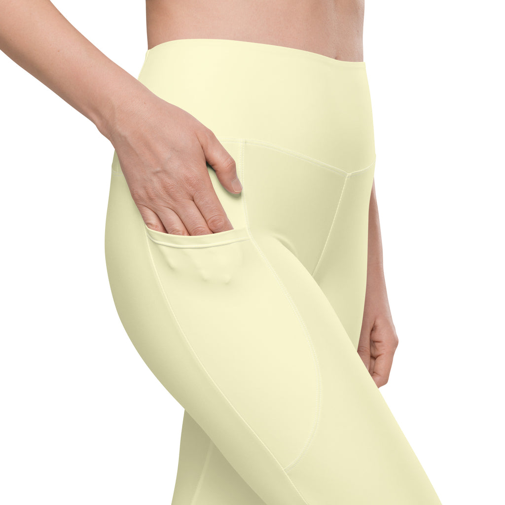 Women’s Cream Yellow Yoga Leggings With Pockets – High-Waisted, Soft Compression Active Pants