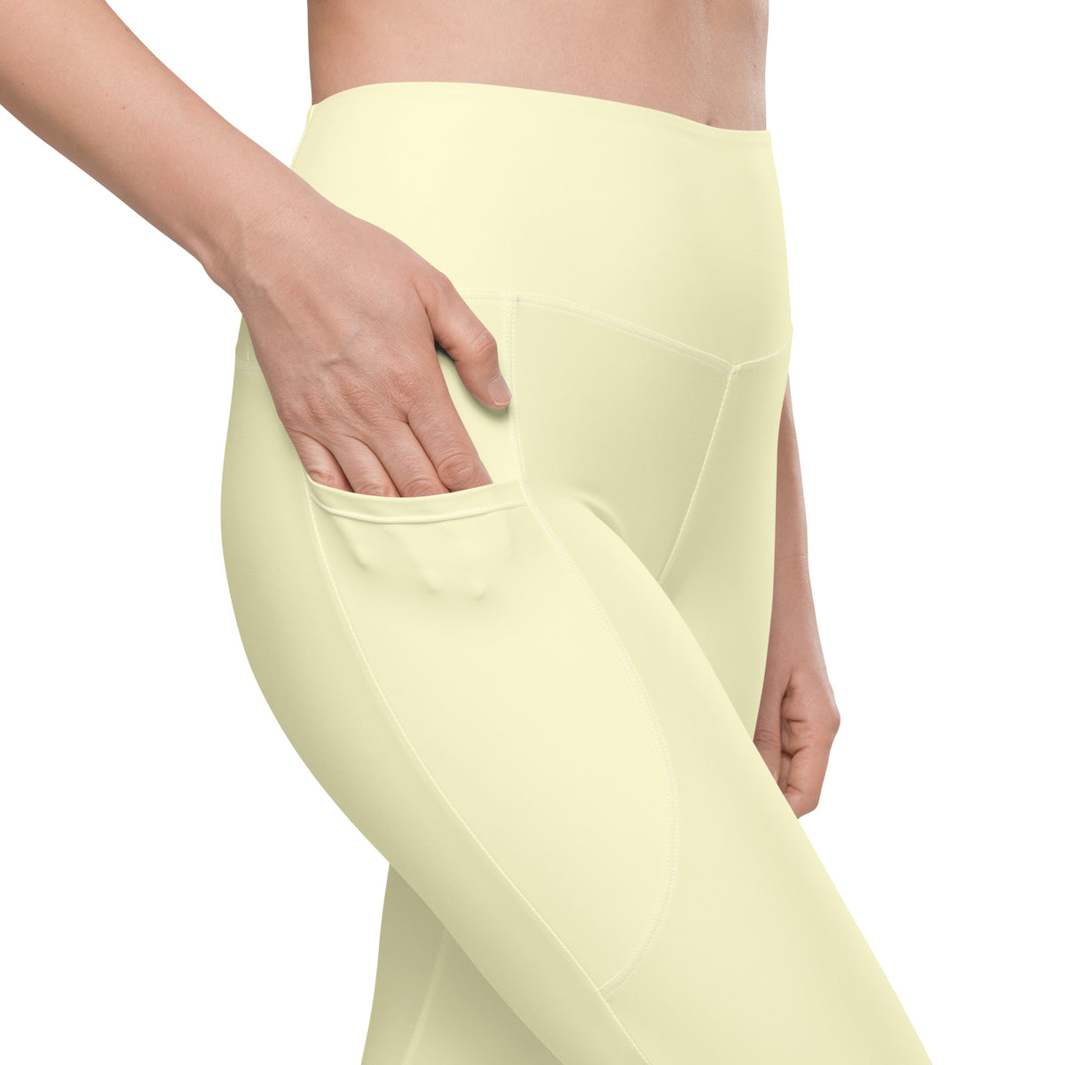 Women’s Cream Yellow Yoga Leggings With Pockets – High-Waisted, Soft Compression Active Pants