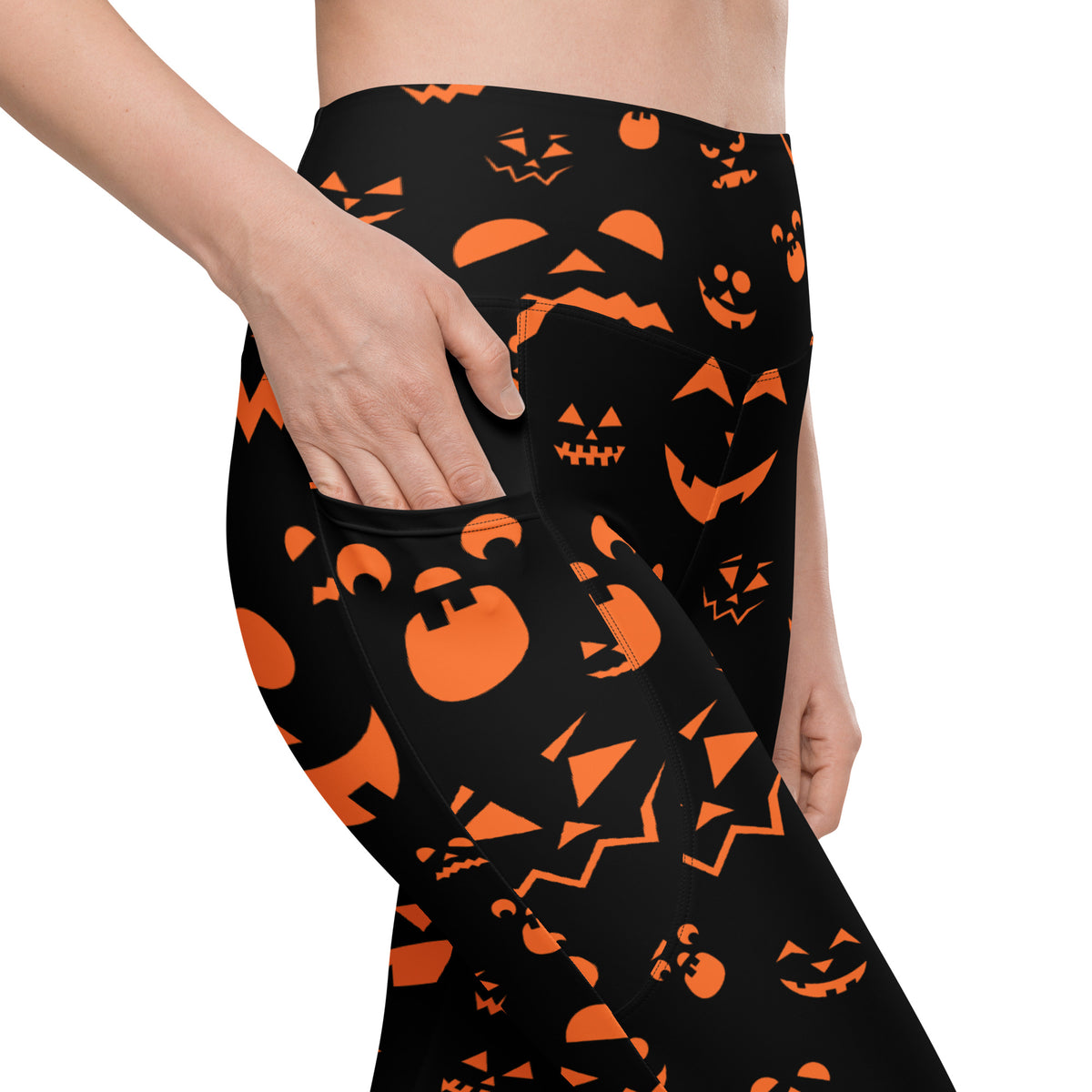 Women’s Orange Jack O’ Lantern Faces Halloween Yoga Leggings With Pockets – High-Waisted, Soft Compression Active Pants