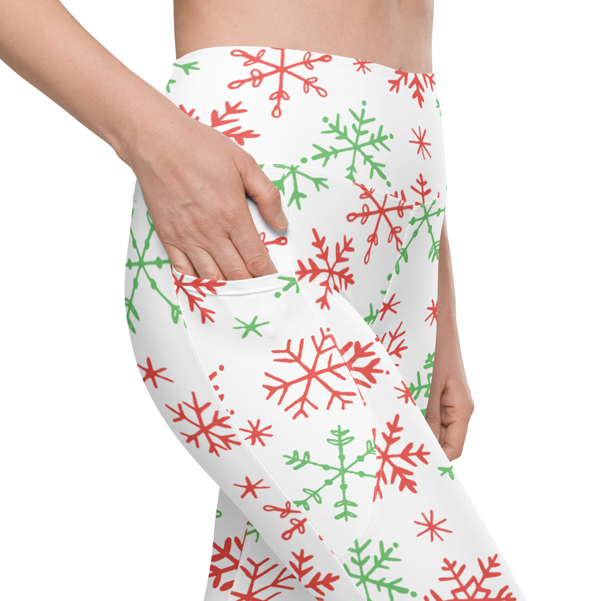 Women’s Red & Green Snowflake Christmas Yoga Leggings With Pockets – High-Waisted, Soft Compression Active Pants