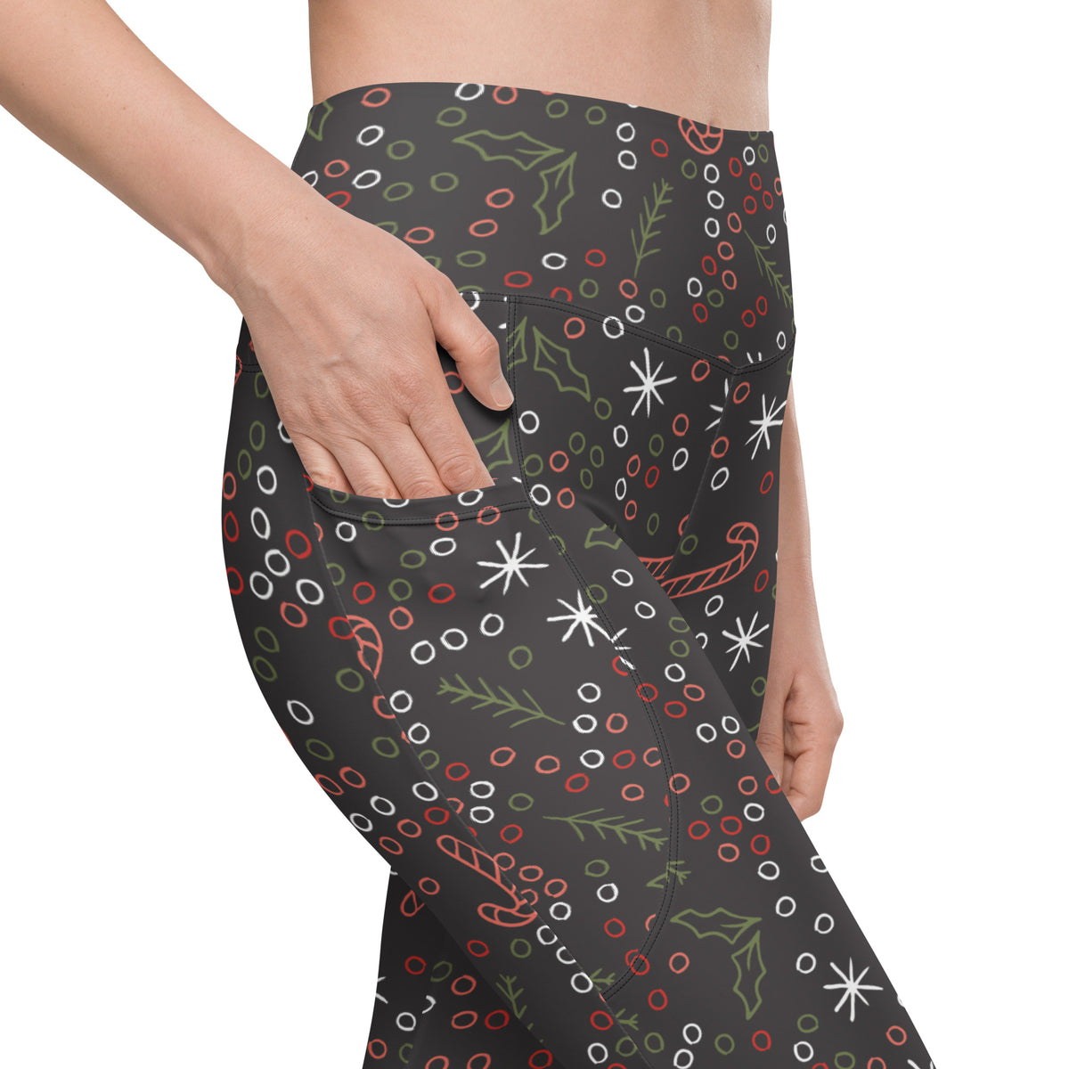 Women’s Christmas Holly & Candy Cane Yoga Leggings With Pockets – High-Waisted, Soft Compression Active Pants
