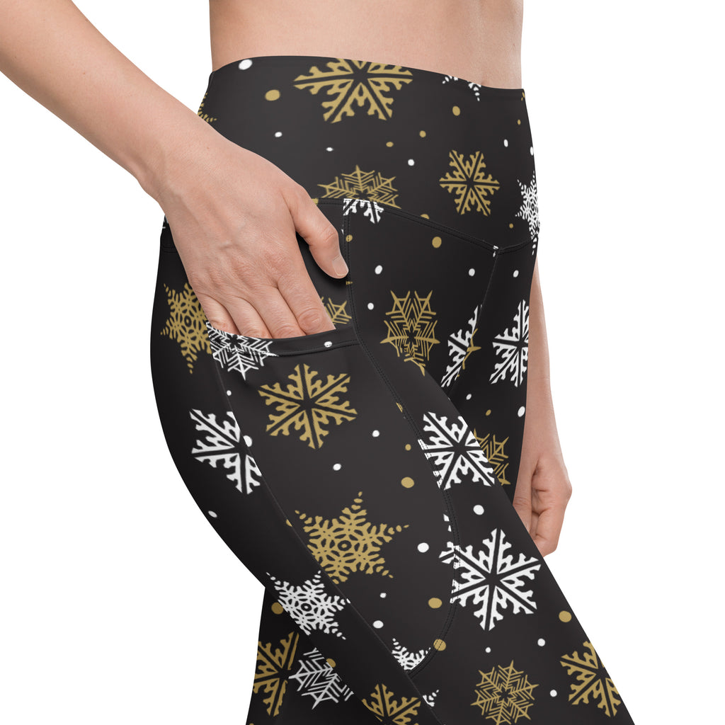 Women’s Dark Brown & Gold Snowflake Yoga Leggings With Pockets – High-Waisted, Soft Compression Active Pants