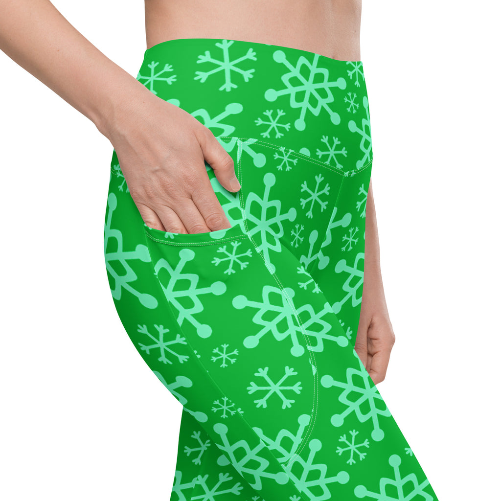 Women’s Green Snowflake Christmas Yoga Leggings With Pockets – High-Waisted, Soft Compression Active Pants