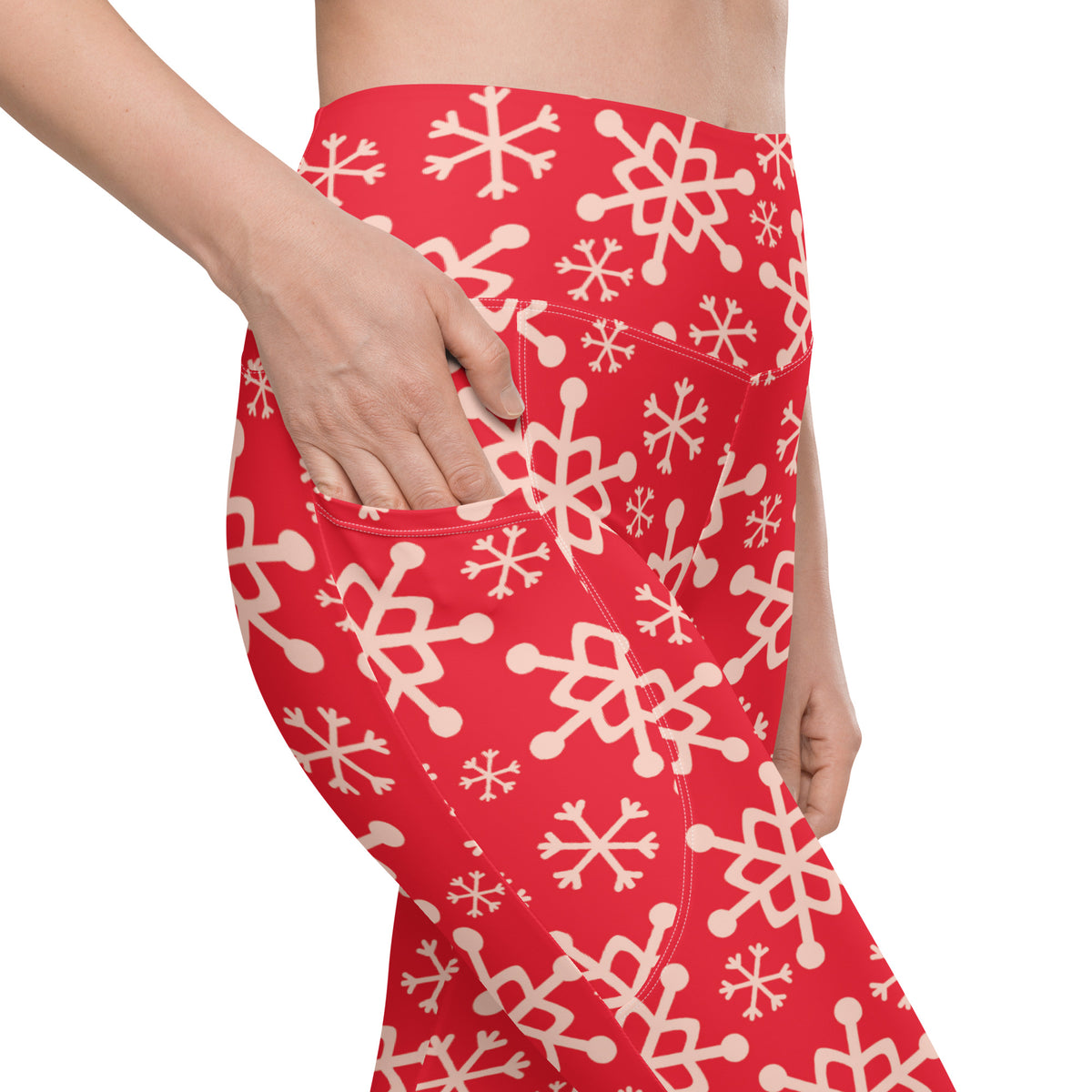 Women’s Red Snowflake Christmas Yoga Leggings With Pockets – High-Waisted, Soft Compression Active Pants