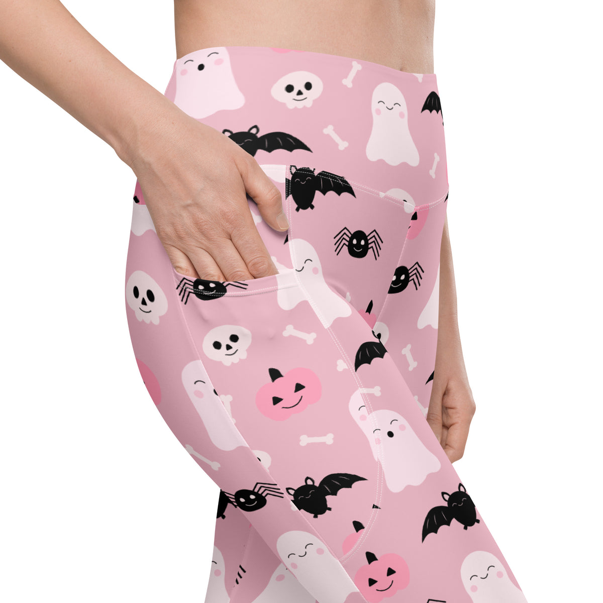 Women’s Pink Halloween Leggings With Pockets – High-Waisted, Soft Compression Active Pants