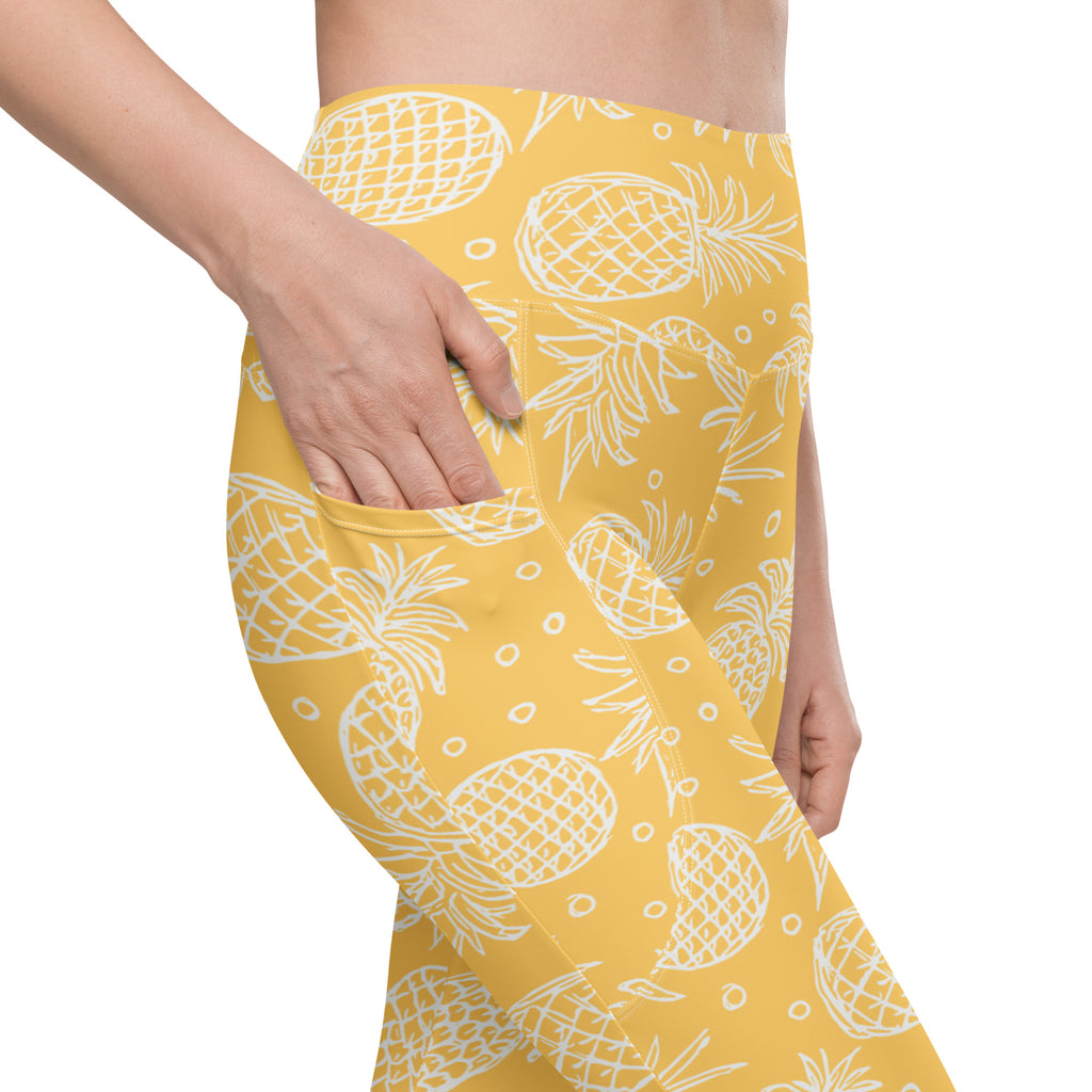 Women’s Light Yellow Tropical Pineapple Leggings With Pockets – High-Waisted, Soft Compression Active Pants