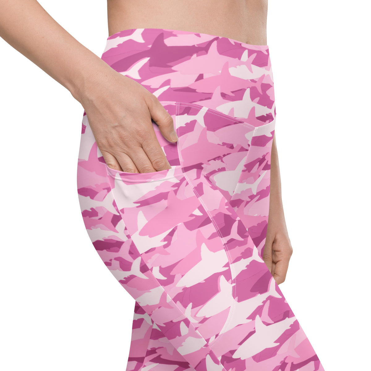 Women’s Pink Shark Camouflage Yoga Leggings With Pockets – High-Waisted, Soft Compression Active Pants