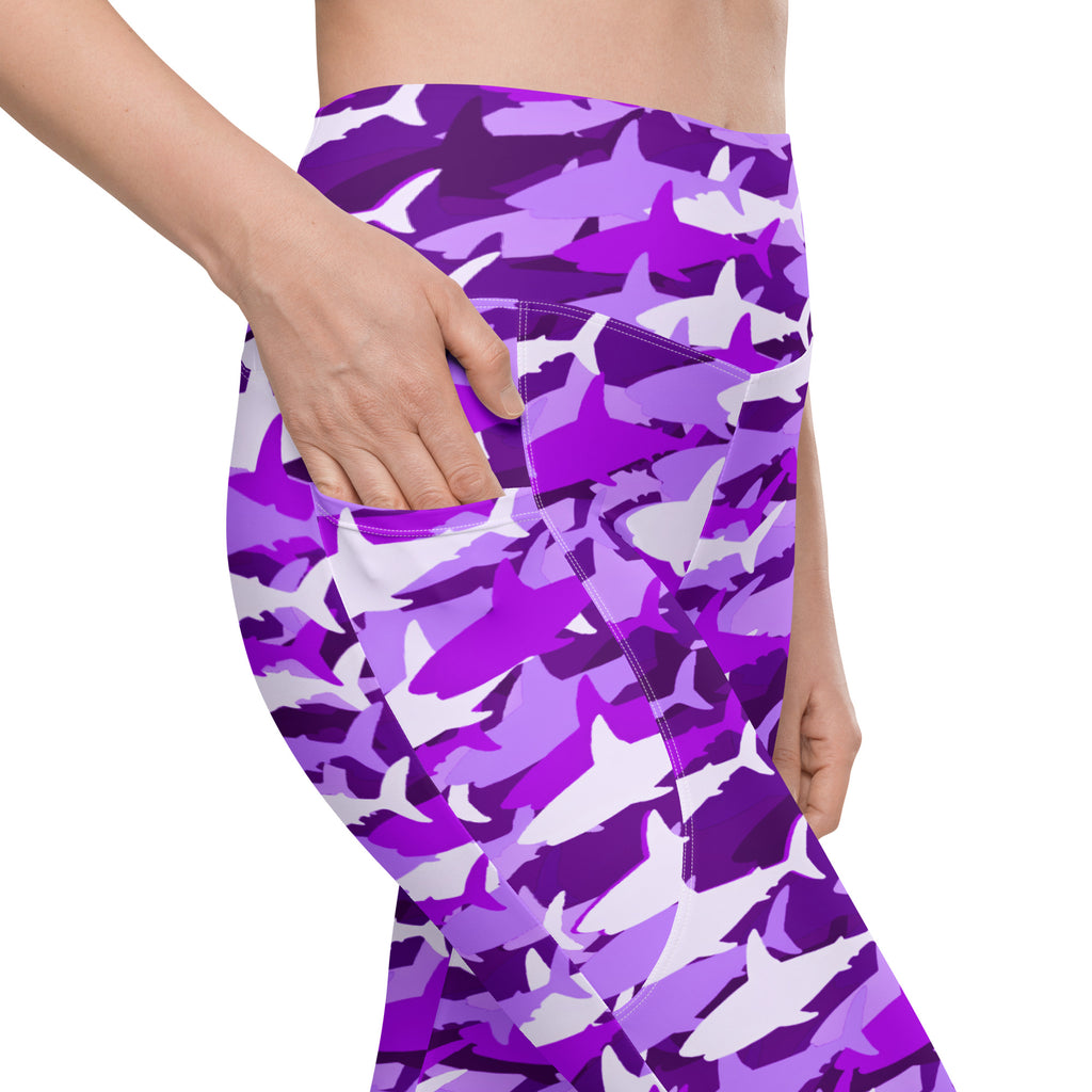 Women’s Purple Shark Camouflage Yoga Leggings With Pockets – High-Waisted, Soft Compression Active Pants