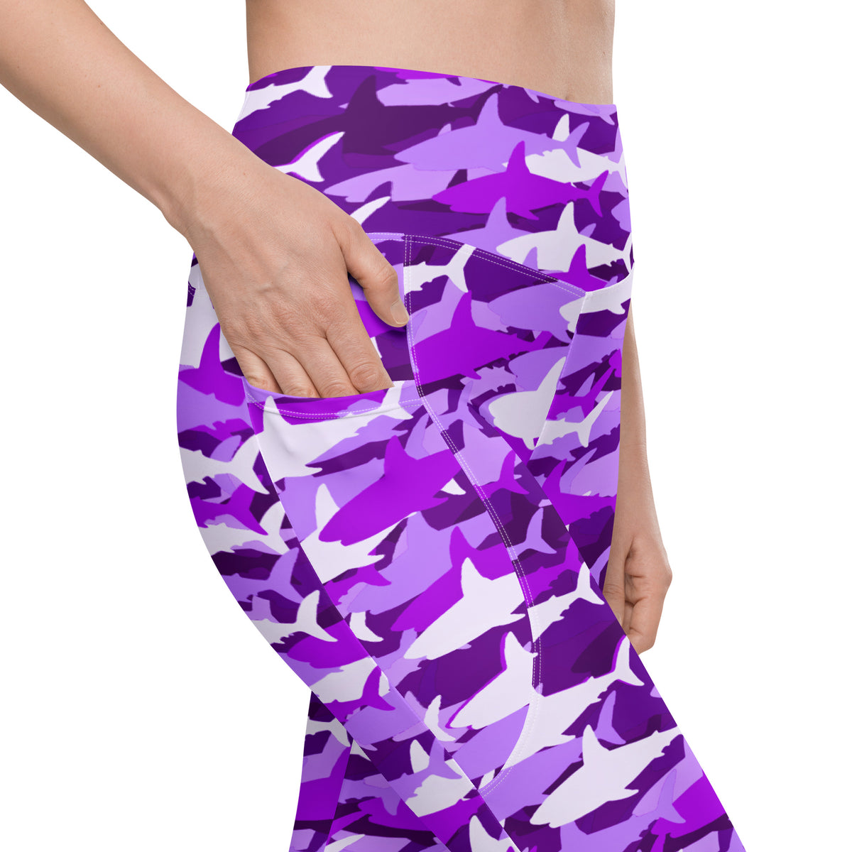 Women’s Purple Shark Camouflage Yoga Leggings With Pockets – High-Waisted, Soft Compression Active Pants