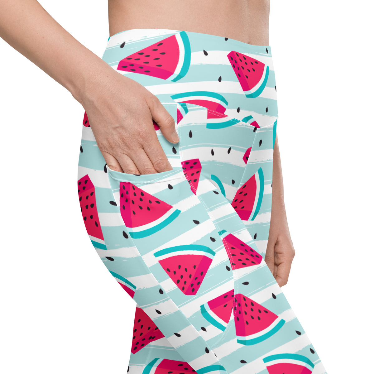 Women’s Watermelon Stripe Yoga Leggings With Pockets – High-Waisted, Soft Compression Active Pants