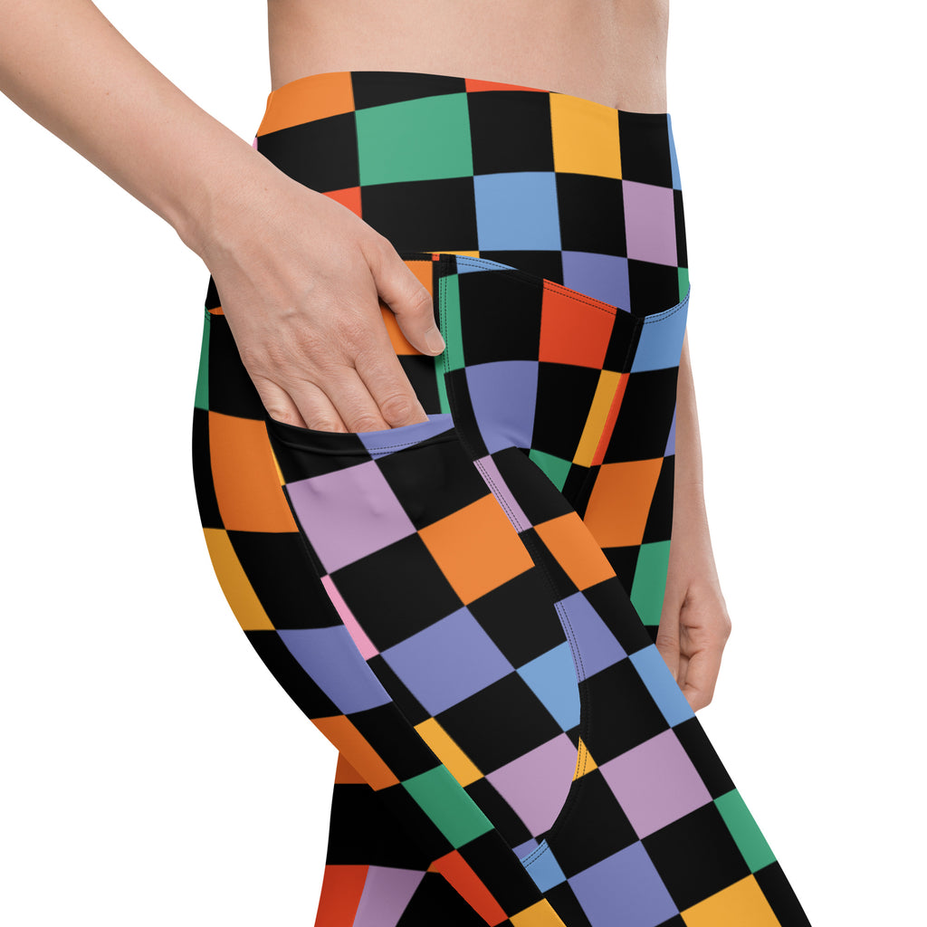 Women’s Dark Colorful Checkered Yoga Leggings With Pockets – High-Waisted, Soft Compression Active Pants
