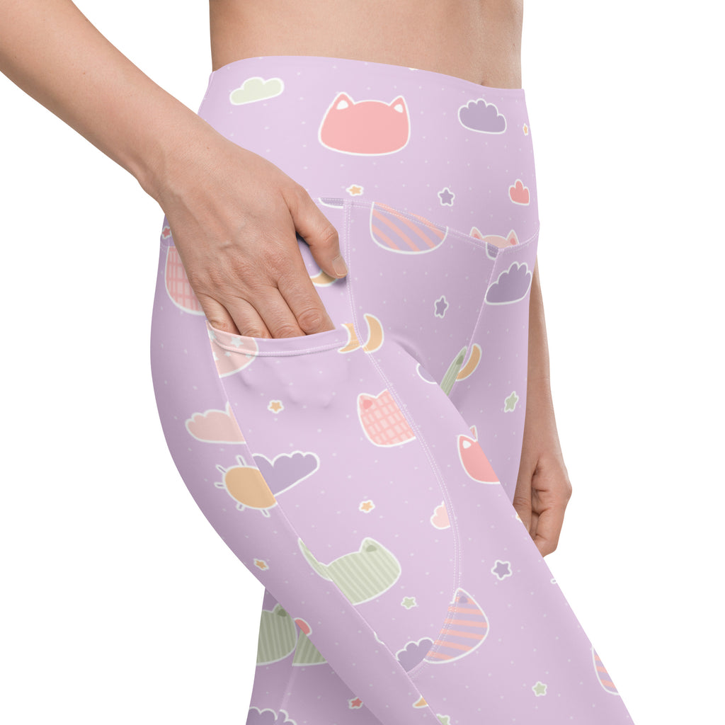 Women’s Pastel Purple Kawaii Cats & Clouds Yoga Leggings With Pockets – High-Waisted, Soft Compression Active Pants