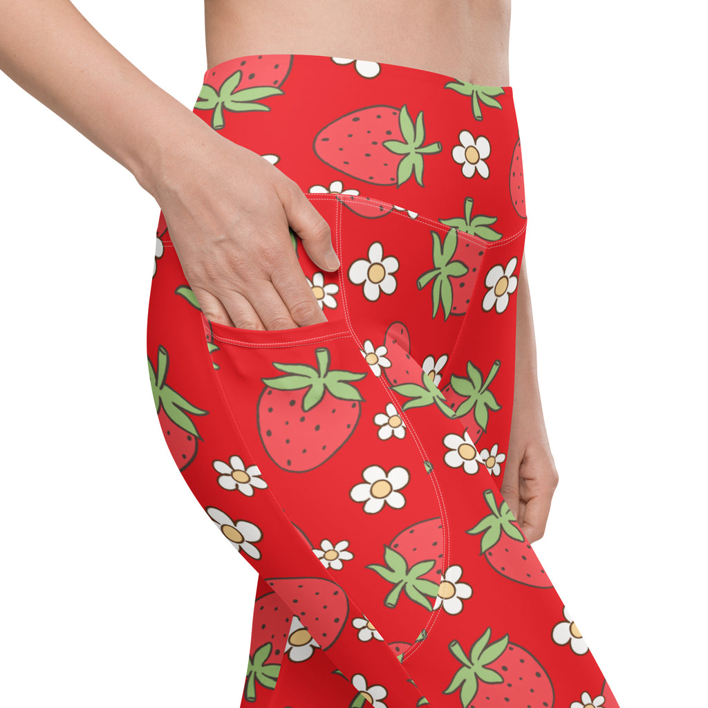 Women’s Floral Strawberry Yoga Leggings With Pockets – High-Waisted, Soft Compression Active Pants