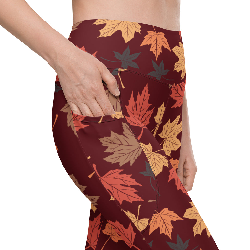 Women’s Fall Leaves Yoga Leggings With Pockets – High-Waisted, Soft Compression Active Pants