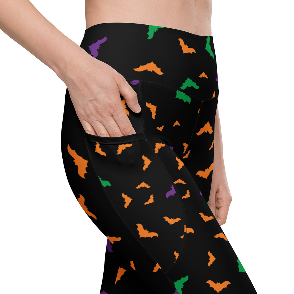 Women’s Colorful Bats Halloween Leggings With Pockets – High-Waisted, Soft Compression Active Pants