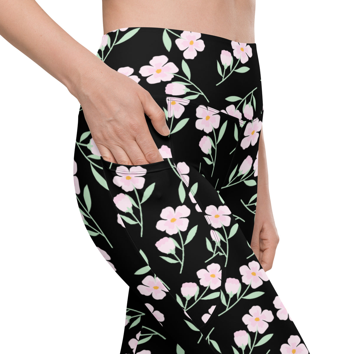 Women’s Pink Floral Leggings With Pockets – High-Waisted, Soft Compression Active Pants