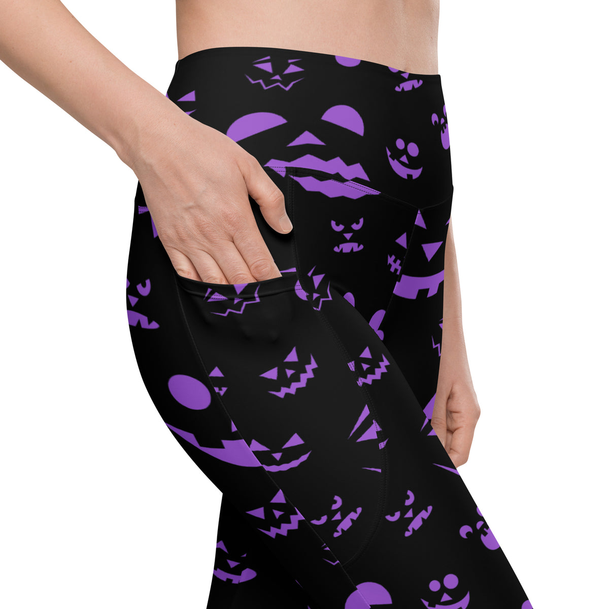 Women’s Purple Jack O’ Lantern Faces Halloween Yoga Leggings With Pockets – High-Waisted, Soft Compression Active Pants