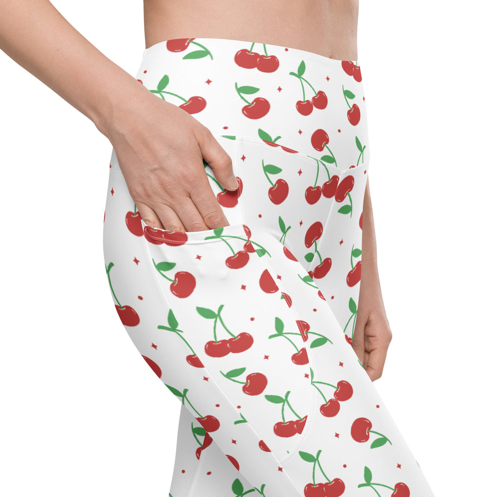 Women’s Cherry Yoga Leggings With Pockets – High-Waisted, Soft Compression Active Pants